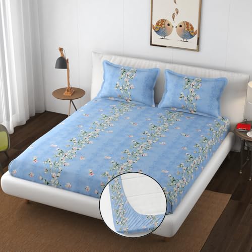 VAINE Premium Heavy Cotton Elastic Fitted Bedsheets with 2 King Size Pillow Covers || Double Bed with All Around Elastic 350 TC || 72 x 78 Inch King Size Fitted |-Sky Leaf