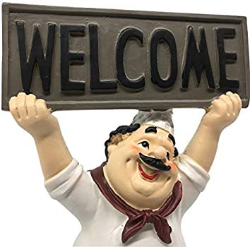 UNIVERSE LIGHTS Polyresin Italian Chef Figurines Decor with Welcome Sign Board Plaque, 8x5 Inch, White, Red