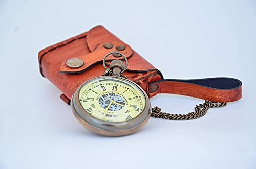 Handmade Roman Dial Antique Brass Clock with Chain and A Brown Leather Case