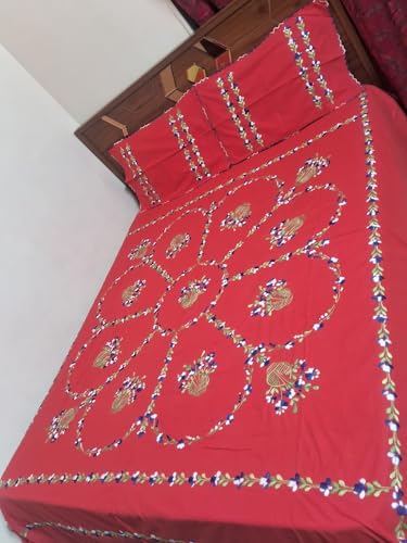 Nice Things Handwork Embroidery Bedsheets 200 Thread Count, Red Color 010