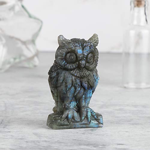 Artistone 2.0" Labradorite Owl, Hand Carved Gemstone Fine Art Sculpture, Reiki Healing Stone Statue,for Home and Office Decor