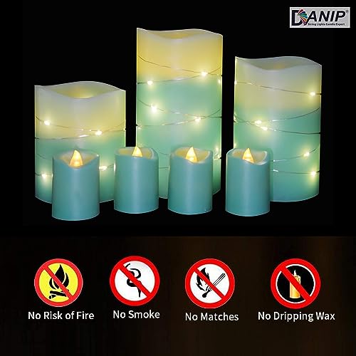 DANIP Green LED flameless Candle with Embedded Star String, 3+4-Piece Set of LED Candles, with 11 Button Remote Control, 24-Hour Timer Function, Flashing Flame, Real Wax, Battery Powered.