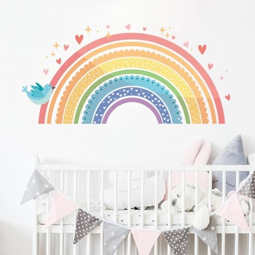 HEUREKA Colorful Rainbow Stickers Heart Stars Blue Birds Cartoon Peel and Stick Self Adhesive Wall Sticker (30 CM X 60 CM)