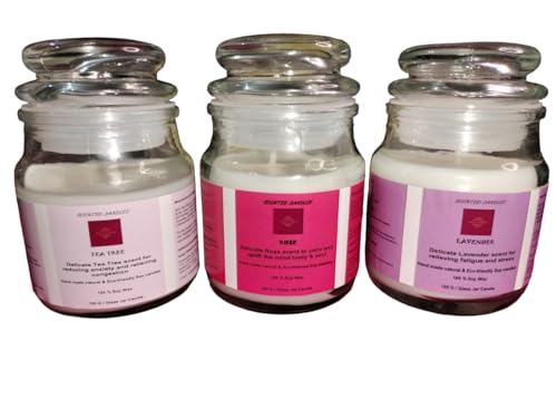 Tea Tree, Rose & Lavender 3X100 GMS Each, Pack of 03, Organic Hand Made Natural Aroma Candles 100% Soy Wax, Fragrance up to 25Hrs, Best Gift, Scented Candles for Home Decor