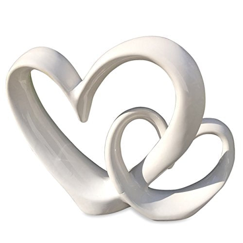 WHW Whole House Worlds Eternity Double Heart Sculpture, Decorative Modern Art, White Glazed Stoneware, 10 1/4 Inches Tall