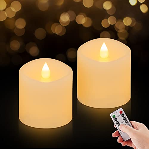 ASLDOIWEH 3x3 Flickering Flameless Candles Set of 2, 2AA Battery Life 600 Hours Battery Candles Flickering with Timer,3 inch Flameless Candles with Remote for Party/Wedding,Ivory