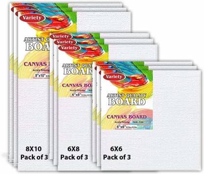 Variety Canvas Cotton Canvas Board Medium Grain 8 X 10, 6X8, 6X6 Combo Pack of 9, White Color