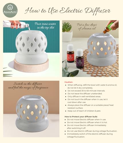 Asian Aura Aroma Diffuser Handcrafted Ceramic Electric Round Shaped Aroma Oil Burner for Home with Aroma Oils (English Lavender & Rosy Romance Fragrance 10ml Each)