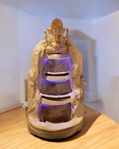 SEPBORN 3 Step Ganesha Water Fountain, Resin, Decoration Gifting Item with LED Lights Water Pump