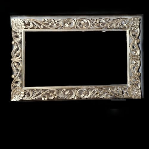 AESTHETIC DECOR Wooden(4x2.5) ft Carved Wall Mirror Frame Solid Mango Wood, | with Out Mirror (White Distress)