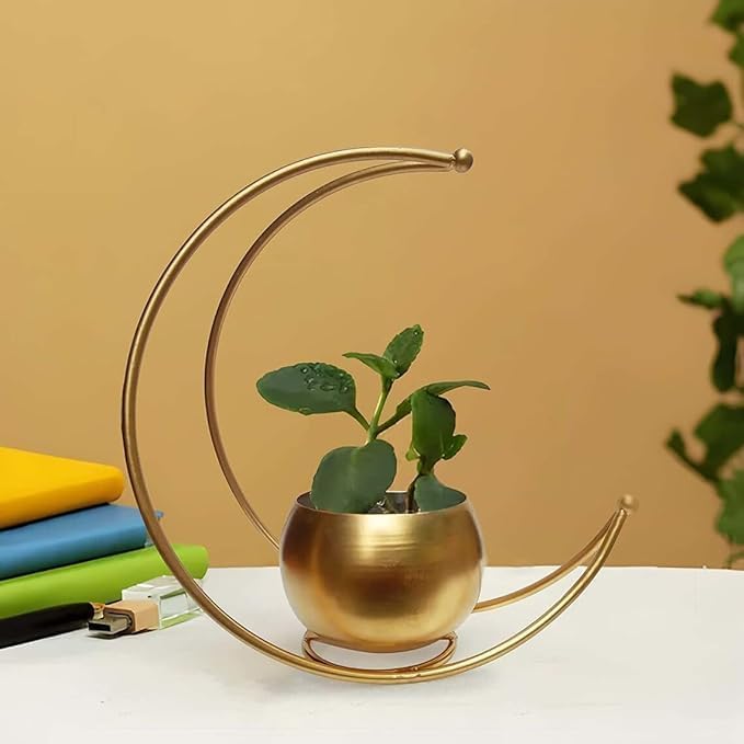 Art Space Gallery Metal Geometric Design Flowe Vase with Gold Finish | Table Decorative Round Shape Flower Pot Moon Flower Vase | Size: 26X26 CM | Pack of 1 | Flower Not Included