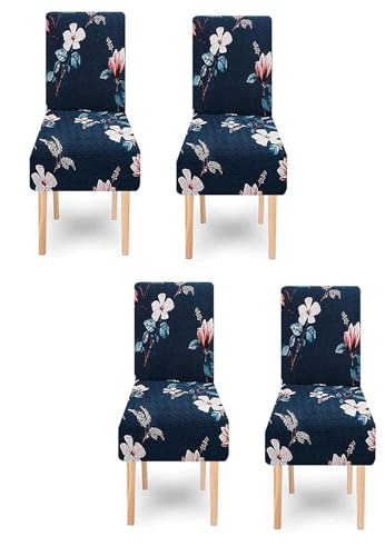 Gurnoor Polyester Blend Stretchable Floral Printed Dining Chair Covers (Set of 4, Smart Blue, Standard)