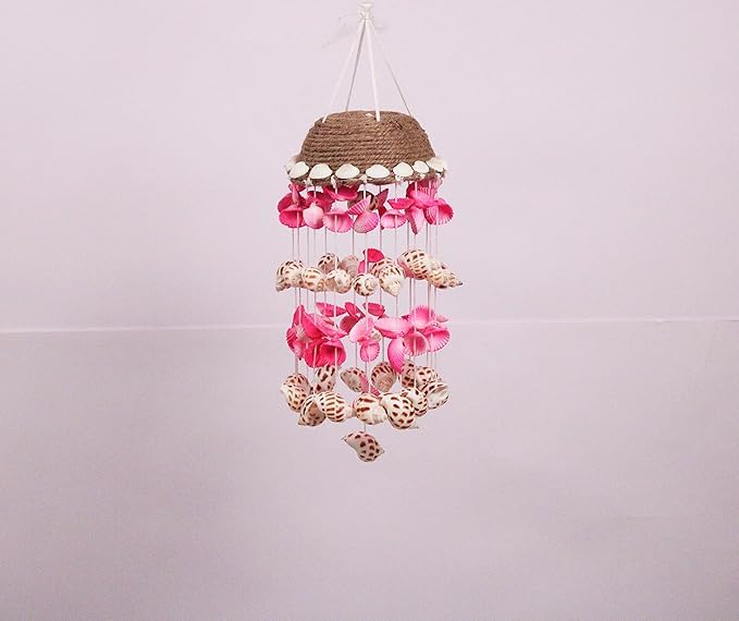 Shellkrafts Sea Shell Wind Chime for Home Decor | Balcony & Garden | Soothing Rain Sound & Very Lucky According to Vastu | Attracts Good Luck | Positive Energy (Pink)