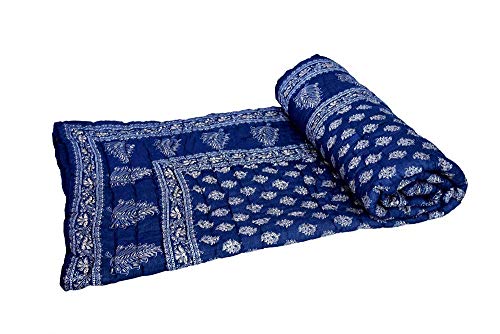 THROW KING Rajasthani Pure Cotton Floral Desing Printed Jaipuri Razai/Rajai/Quilt/Blanket/Dohar (Dark Blue, Single)