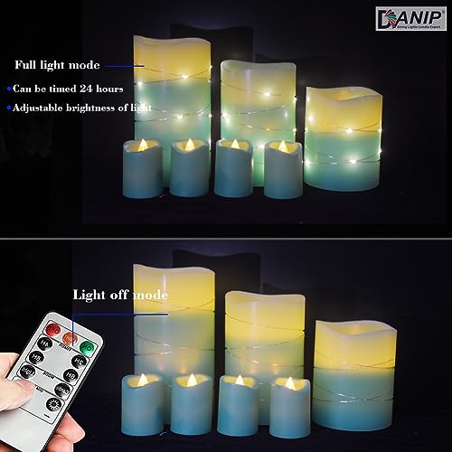 DANIP Green LED flameless Candle with Embedded Star String, 3+4-Piece Set of LED Candles, with 11 Button Remote Control, 24-Hour Timer Function, Flashing Flame, Real Wax, Battery Powered.