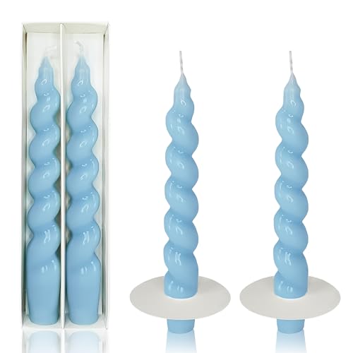 Spiral Taper Candle Blue Candlesticks 7 Inch Short Tapered Candles Unscented Candle Sticks Smokeless Candles with Candle Drip Tray for Holiday Dinner Wedding Home Decor Party Gifts