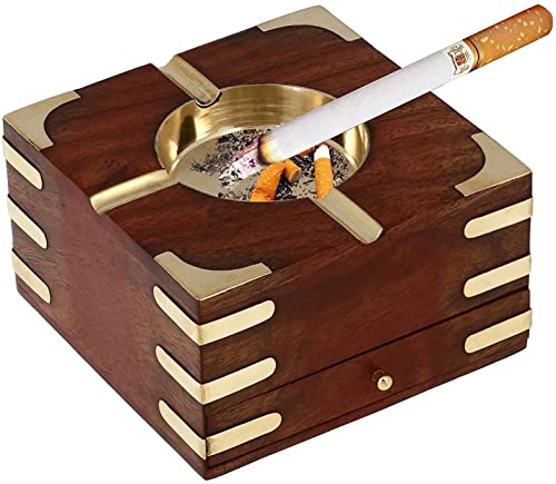 WOODSPIRATION-Large Decorative Wooden Ashtray with Cigarette Storage Case Box 4.5" x 2.5