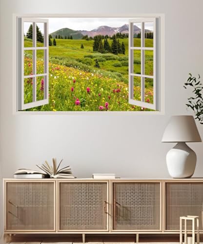 JVERF - JZZA24403 Mountains Grasslands Fir| Self-Adhesive Open Window Wall Sticker