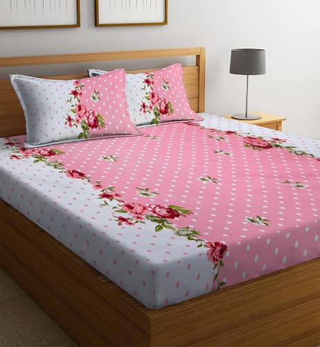 la' amour Pure Cotton 220 TC Flat Double Bed Bedsheets for Summer Breathable | Wrinklefree (Size- 228 x 230 Cm) with 2 Pillow Covers (Size-17 X 27 Inches, Floral, Pastle Pink & White)