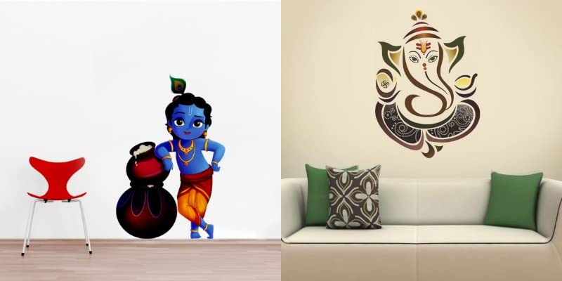 Combo of 2 Wall Stickers- Makhanchor & Royal Ganesh Self Adhesive VinylWaterproof Decorative Wall Decals for Hall, Bedroom & Kitchen