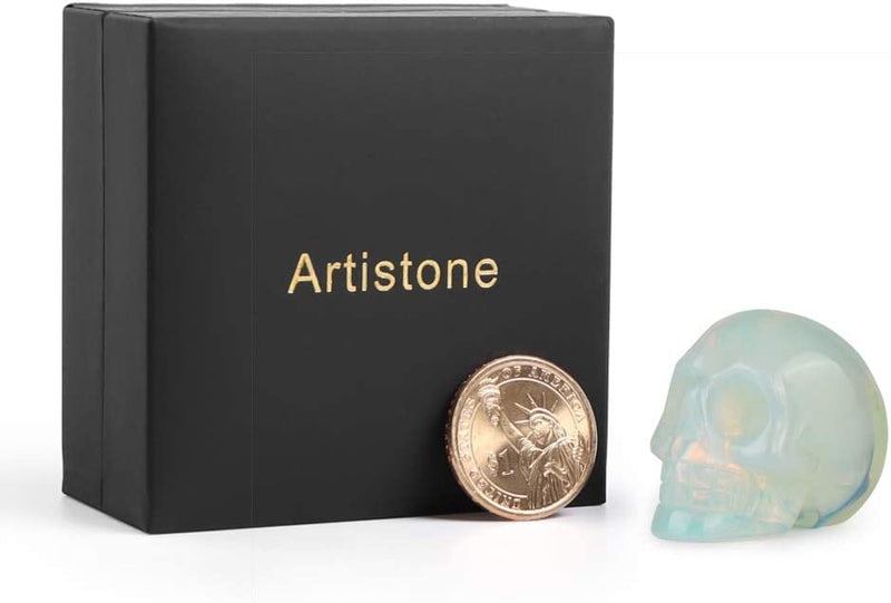 Artistone 2.0" OPalite Skull, Hand Carved Gemstone Fine Art Sculpture, Reiki Healing Stone Statue for Home, Office Decor