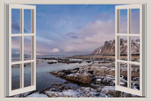 JVERF - JZZA25447 Norway Lofoten Coast Mountains Stones Crag Clouds| Self-Adhesive Open Window Wall Sticker