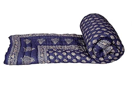 fashhub Cotton Gold Print Jaipuri Light Weight Double Bed Razai | Dark Blue Quilt (85" x 100")