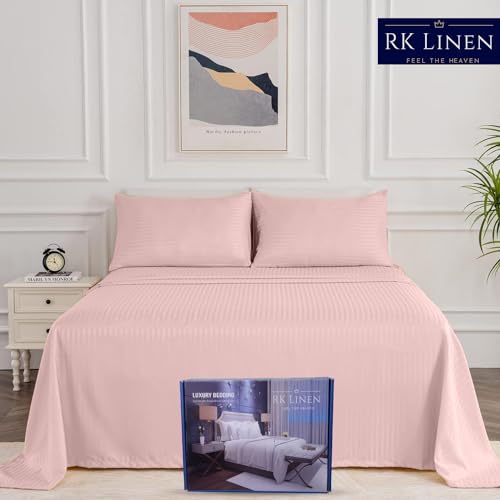 Egyptian Cotton Bed Sheets 450 Thread Count Sateen Finish Luxuries Hotel |Ultra Comfortable 3 Pieces Flat Sheet Set| 1 Flat+2 Pillow Cover Bedsheet Set for Home(Cameo Rose Stripe,3 by 6 / Single)