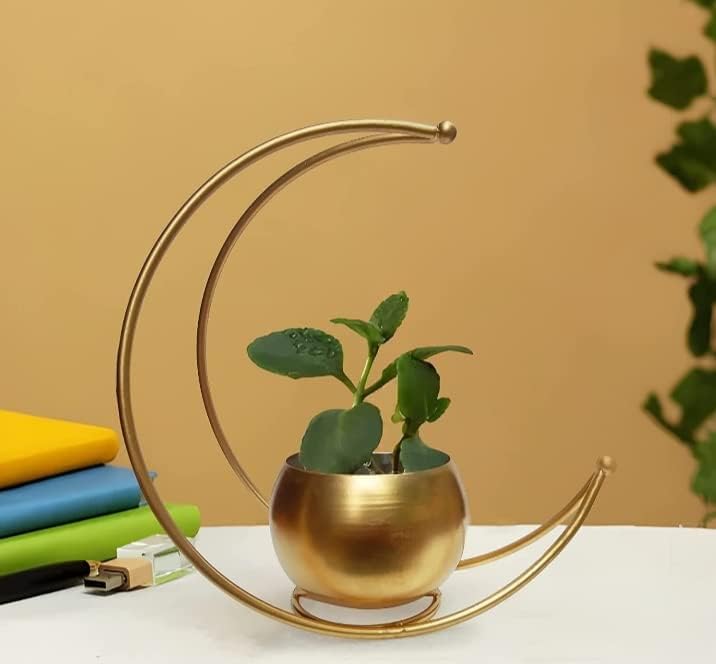 Afiya Impex Metal Flower Vase with Gold Finish | Geometric Half Moon Design Flower Pot Stand | Table Top Decorative Flower Pot | Gold Metal Flower Vase for Home and Office Side Table Decoration