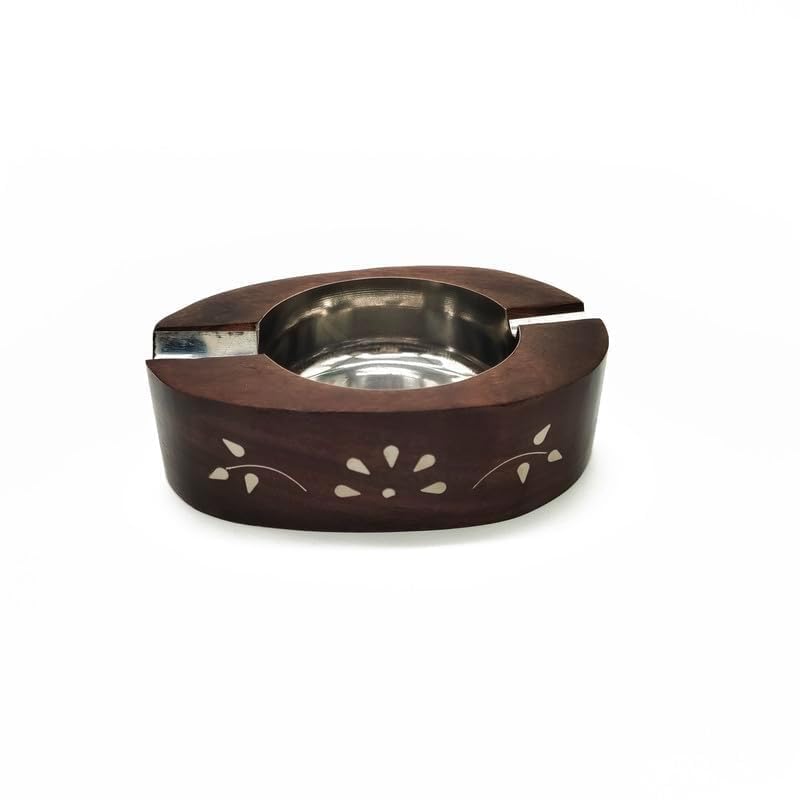 AMSSMAART Handmade Wooden Decorative Round Ashtray with Cigarette Storage | 3-Slot Ashtray for Home, Car, and Garden (2-Slot Ashtray)