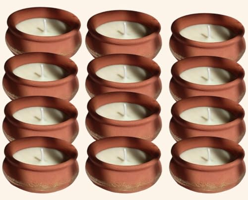 Scarlet Blinks Handmade Matka Shape Soy Wax Candles | 7W x 4H cm | Sandalwood Fragrance | Aromatherapy | Diwali DecorationPack of 12