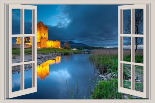 JVERF - JZZA22935 Ireland Lake Castles Evening Ross Castle Lough| Self-Adhesive Open Window Wall Sticker