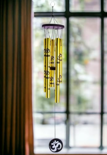 All in ONE Warehouse Feng Shui Metal Wind Chime with Om Print, 5 Pipes for Indoor & Outdoor in Your Home - 16 inch (Gold,Metal)