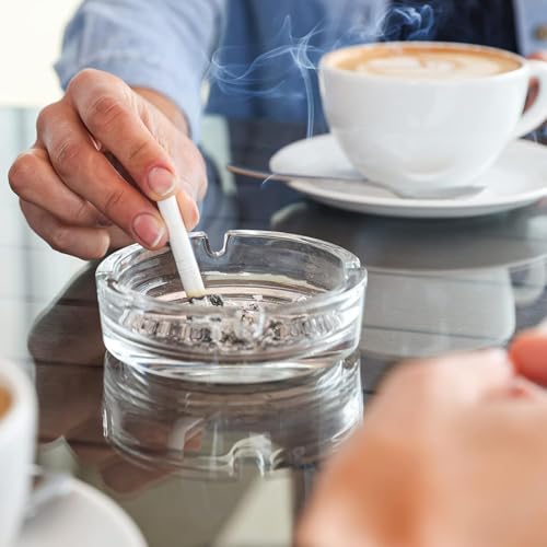 CASAQUA Crystal Glass Round Tabletop Ash Tray Glass Ash Tray for Cigarette, Cigar Smoking for Home, Car, Balcony, Crystal Clear Round Ash Tray Box Crystal Quality Glass Ash Tray (100MM, Pack of 4)