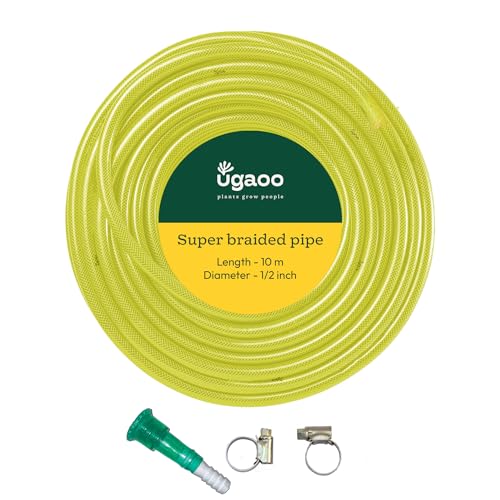 UGAOO Super Braided Green Water Hose PVC Pipe With Water Tap Adapter & 2 Clamps For Home Gardening,Cleaning, Outdoor-Indoor Use (Diameter: 0.5 Inch, Length: 10 Meters)