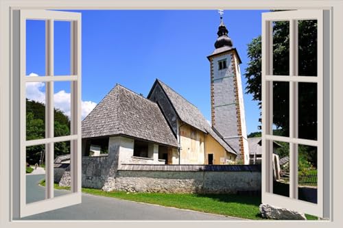 JVERF - JZZA28392 Slovenia Mountains Church Sveti Janez| Self-Adhesive Open Window Wall Sticker