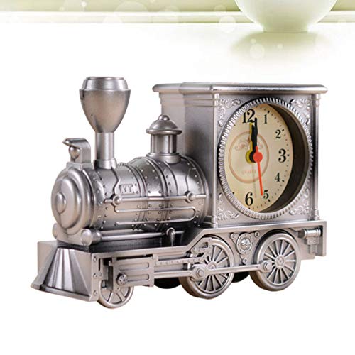 FAVOMOTO Silver Retro Train Clock Model Train Locomotive Clock Table Time Clock Steampunk Decoration Home Office Shelf Train Model Time Clock