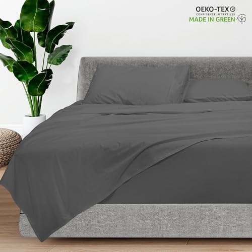 Royale Linens - 4 Piece Queen Bed Sheet - Soft Brushed Microfiber 1800 Bedding Set - 1 Fitted Sheet, 1 Flat Sheet, 2 Pillow case - Wrinkle & Fade Resistant Luxury Queen Size Sheet Set (Queen, Grey)