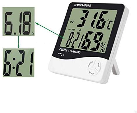 SHAYONA All in One HTC-1 Plastic Hygrometer Temperature Thermometer Humidity Meter with Time Alarm Clock with Big LCD Display (White)