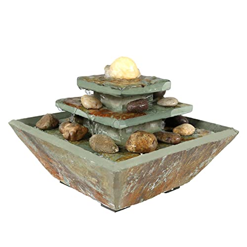 Sunnydaze 8-Inch Ascending Slate Tiered Waterfall Fountain - Built-in LED Light Provides Ambient Lighting - Perfect Size for Desktop or Bedroom - Indoor Relaxation - Electric Square Water Feature