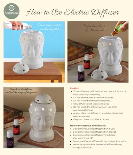 Asian Aura Handcrafted Ceramic Electric Buddha Shaped Aroma Diffuser| Aroma Oil Burner for Aromatherapy| Home Decor and Fragrance with Aroma Oils(English Lavender & Rosy Romance Scent 10ml Each)