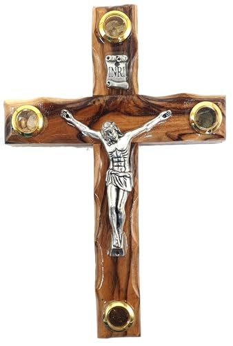 Zuluf Olive Wood Catholic Cross Hand Carved with Crucifix from Jerusalem 12cm 4.7" - CRS087 & Holy Land Certificate