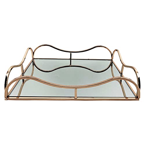 CALANDIS Gold Metal Rectangle Shape Serving/Dressing Table Tray with Mirror Glass