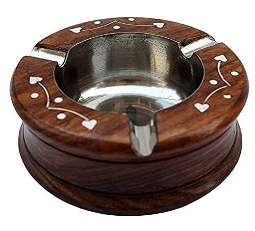 Knovelenterprises Wooden Cigarette Ashtray, Sheesham Wood Ash Tray with Drawer Smoke Ash Holder Tabletop Ash Catcher Round shape 3 cigarette slot holder, 1 Pc