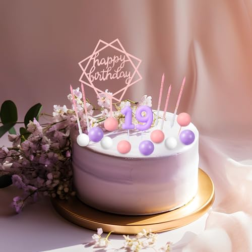 Yerliker 34 Pcs Birthday Candles Cake Toppers for Men Women with 12 Long Thin Birthday Cake Candle 10 Numeral Birthday Candle 9 Ball Cake Topper 3 Birthday Cake Topper(Purple Pink)