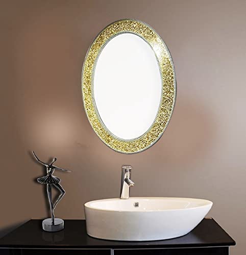 Cheval Glasses Designer Venetian Multi Glass Beveled Oval Wall Mirror with Golden Frame - (18 X 24 Inches, Golden)