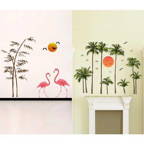 MERICAL Set of 2 Wall Stickers Sunset swan Love | Coconut Trees with Sun for Home, Hall, Bedroom, Livingroom & Kitchen