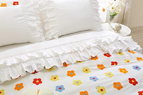 White Ruffled Bed Flat Sheet Cotton Queen Size 1 Piece