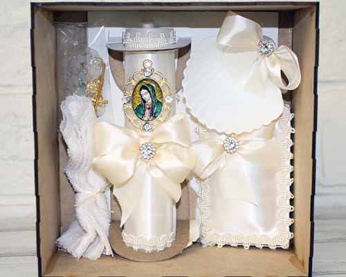 Beautiful 5pc Our Lady Guadalupe Charm Rhinestone Bling Mi Bautizo Wood Baptism Box Gift Set Rosary Candle Communion Espanol Nina Nino Favor Bible Holy Communion Confirmation Shell