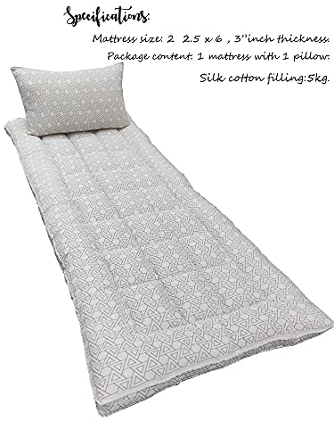 VG MATTRESS - Kapok/Silk Cotton/ilavam Panju Single Cot Foldable Hostel Bed Mattress, 6 x 2.5 feet x 3 inches with 1 Pillow.